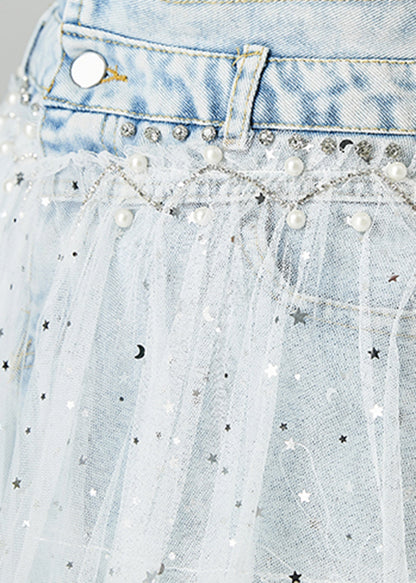Light Blue Elastic Waist Tulle Patchwork Denim Skirts Summer