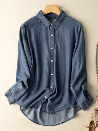 Classic Botton-down Long Sleeve Loose Shirt in Demin Blue