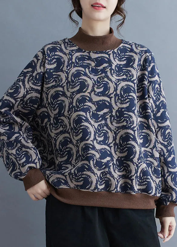 Navy Print Patchwork Warm Fleece Sweatshirt Top Spring