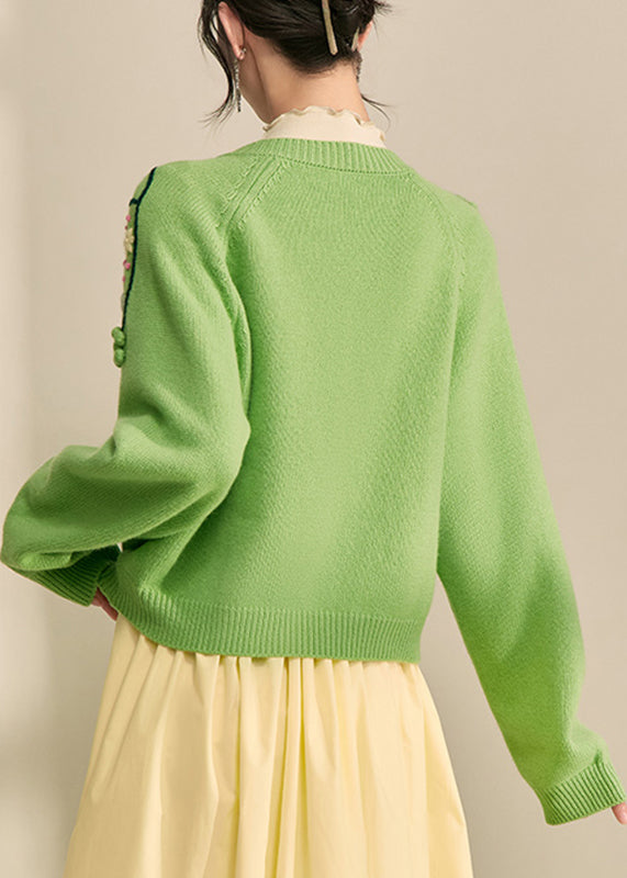 Green Embroidered Button Cotton Knit Cardigans Fall