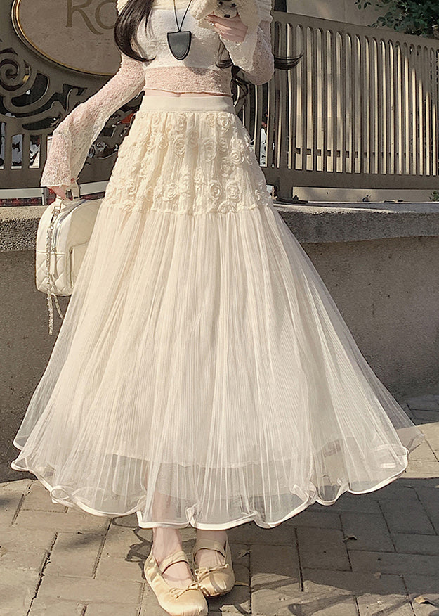 Beige Elastic Waist Tulle Skirt Summer