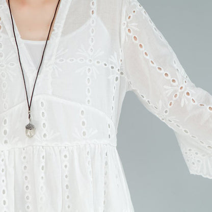 Baggy Cotton Sundress Two Pieces Set V Neck Three Quarter Sleeve White Dress