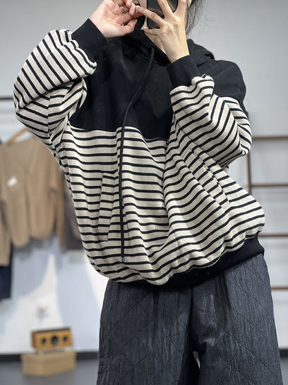 Contrast Stripe Fleece Drawstring Hooded Sweatshirt