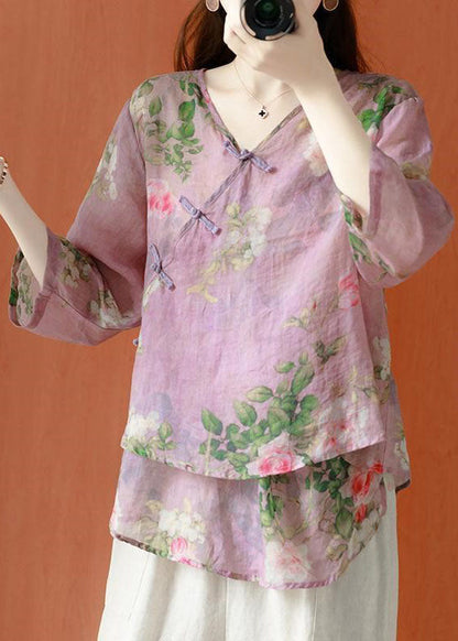 Purple Asymmetrical Print Cotton Blend Blouses Half Sleeve