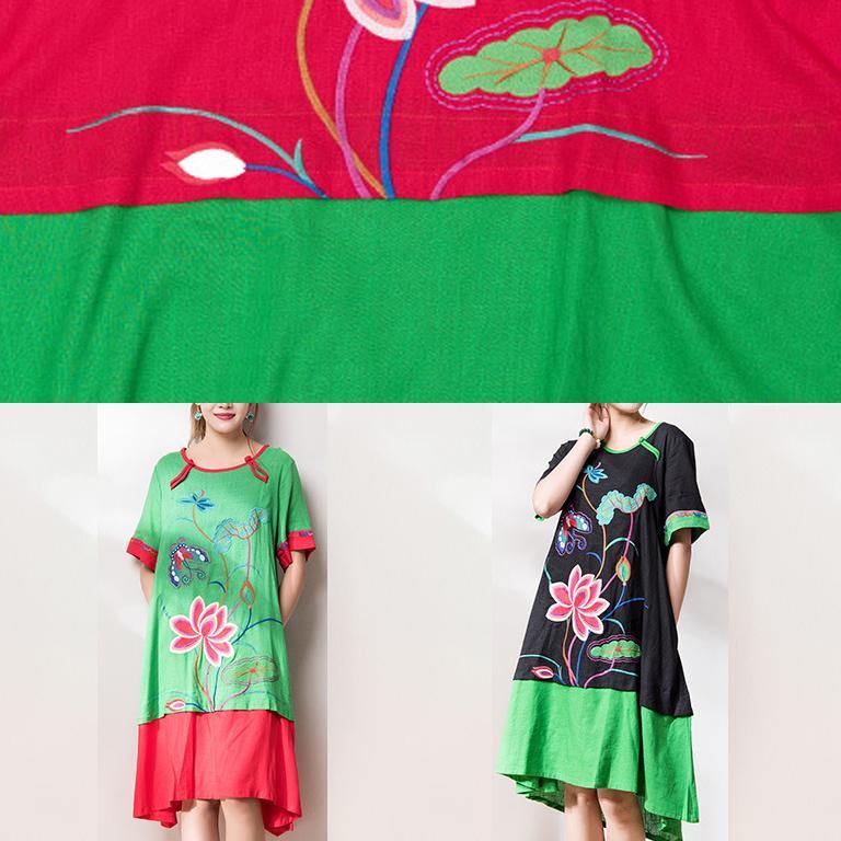 Black Embroidery Linen Dresses O Neck Patchwork Dresses Summer Dress