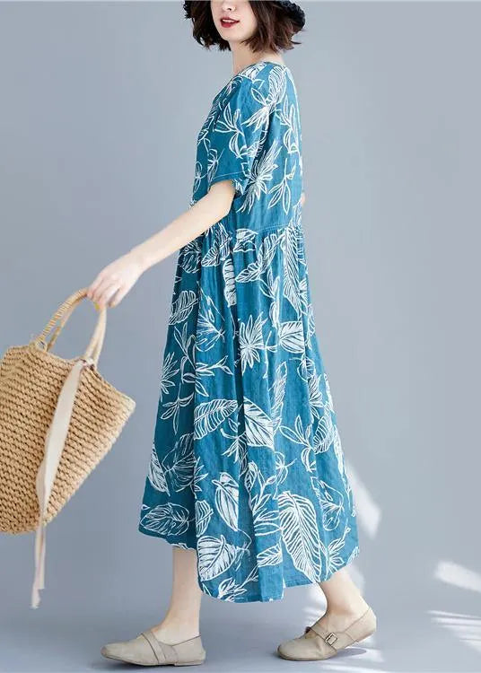 Blue Print Linen Clothes for V Neck Cinched Cotton Summer Dresses