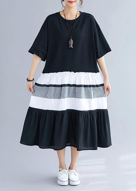 Black Patchwork Cotton Tunics for O Neck Long Summer Dress