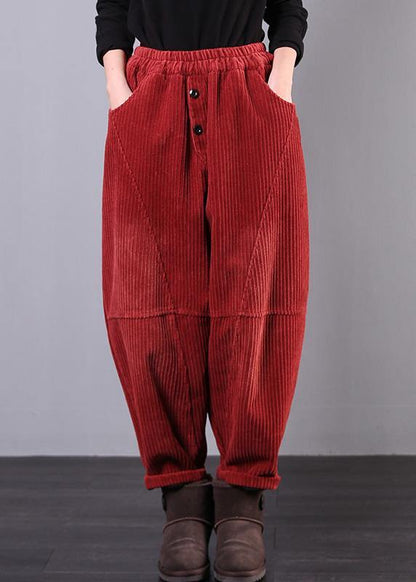 Modern Red Pants Oversize Fall Corduroy Pockets Cotton Pants