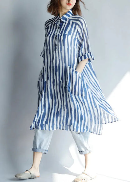 Diy Lapel Pockets Cotton Tunic Fitted Sleeve Blue Striped a Line Dresses Summer