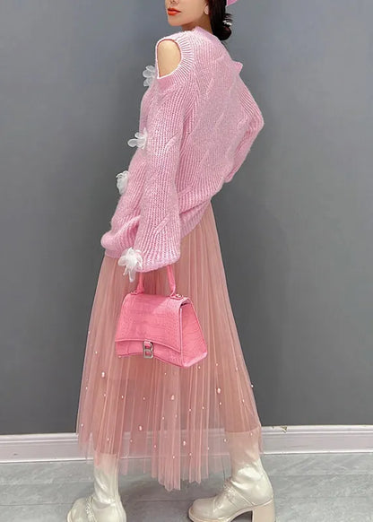 Pink O-neck Knit Top and Tulle Maxi Skirts Two Pieces Set Fall