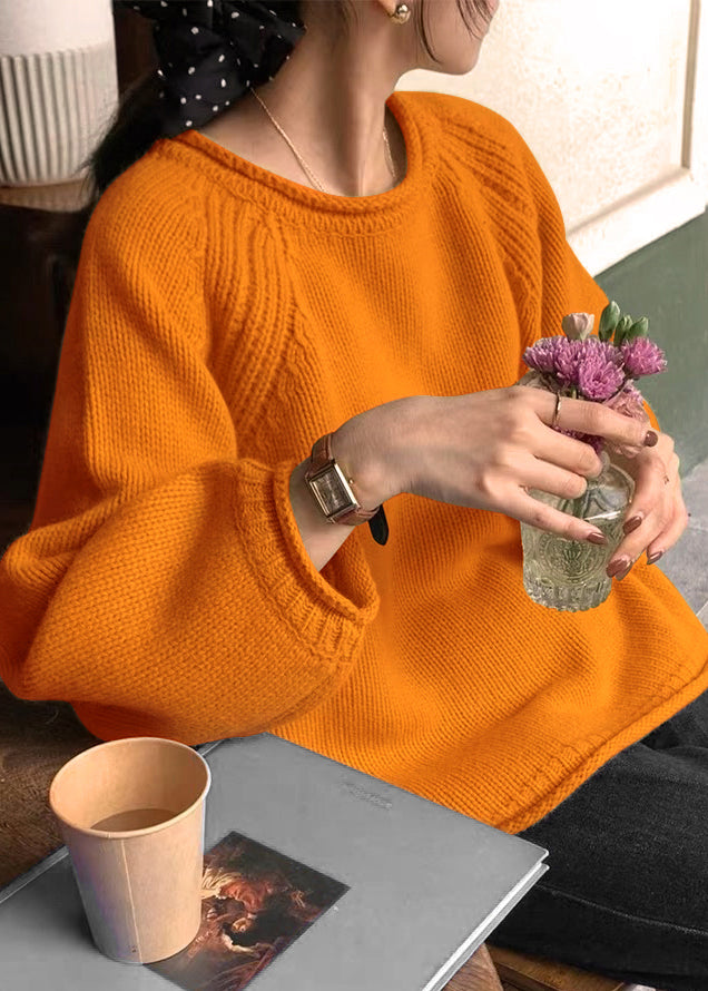 Yellow O Neck Patchwork Cozy Knit Sweaters Long Sleeve