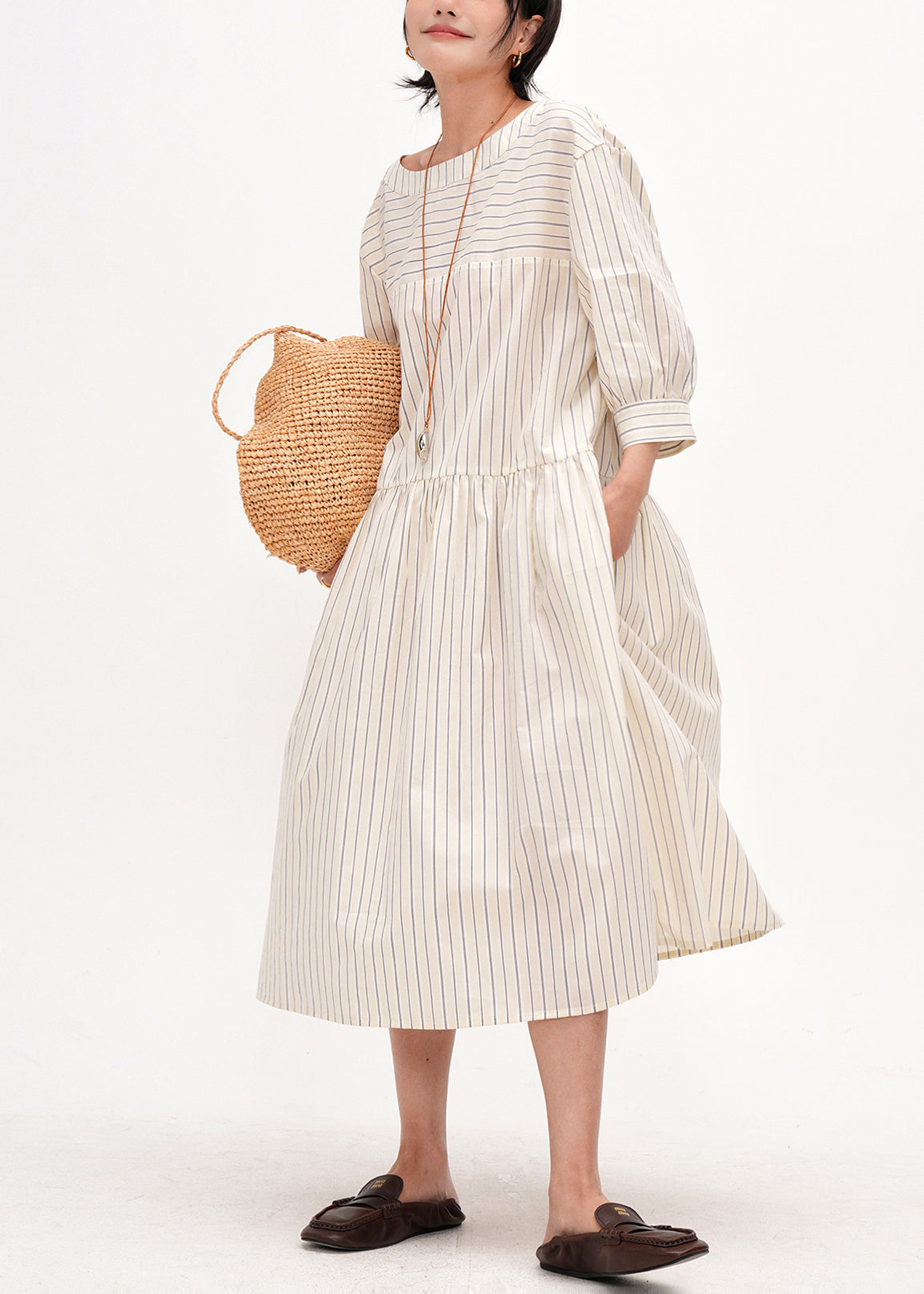 Beige Oversized Striped Cotton Maxi Dresses Bracelet Sleeve