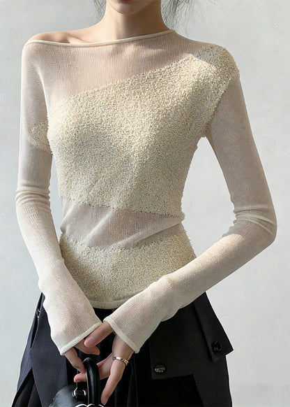 White Cold Shoulder Patchwork Knit Sweaters Spring