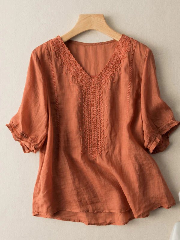 Color V Neck Short Sleeve Linen Top