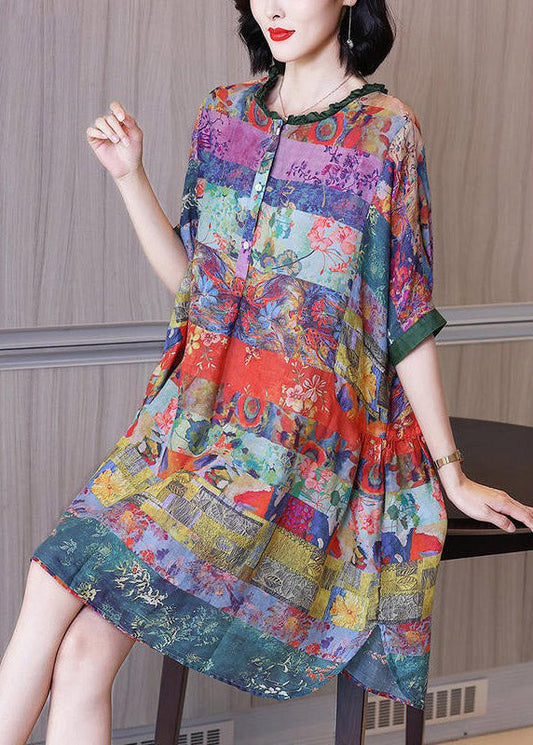 Ruffled Print Button Side Open Linen Vacation Dresses Half Sleeve