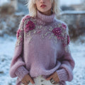 Vintage Purple Roses Embroidered Cozy Knit Turtleneck Sweater artswardrobe