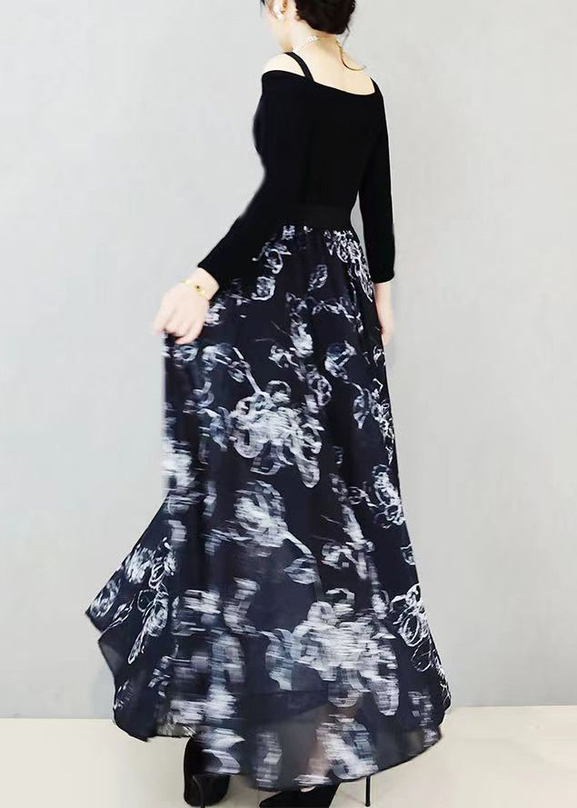 Black Wrinkled Print Exra Large Hem Chiffon Skirts Summer
