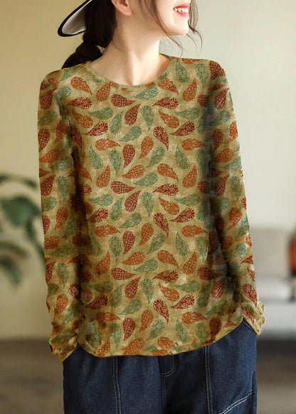 Beige O-neck Print Cotton Knitted Top Long Sleeve
