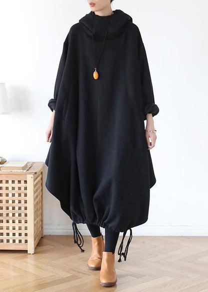 100% Hooded Asymmetric Cotton Wardrobes Work Black Maxi Dress