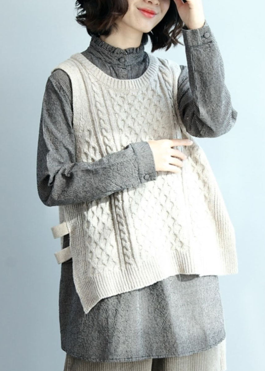 Beige O-neck Low High Design Warm Knit Vest Winter