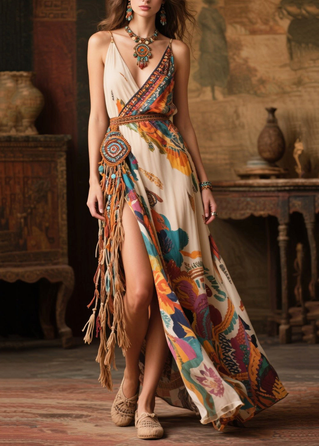 Beige Tasseled Side Open Chiffon Sundress Summer