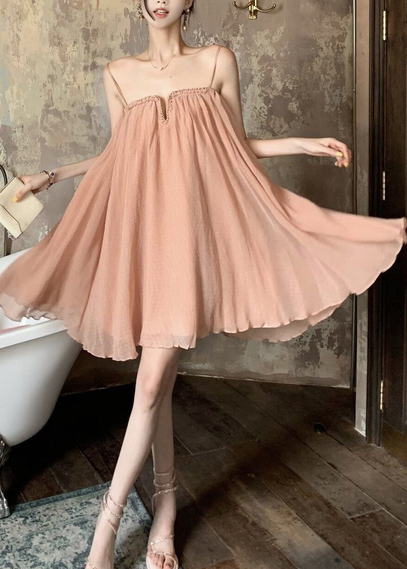 Pink Wrinkled Tulle Spaghetti Strap Dress Summer
