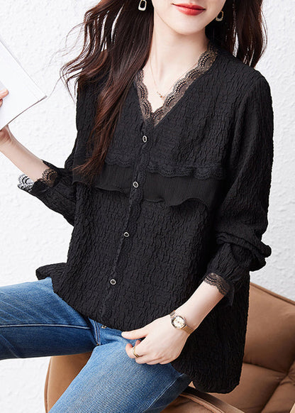 Black V Neck Ruffled Lace Patchwork Top Fall