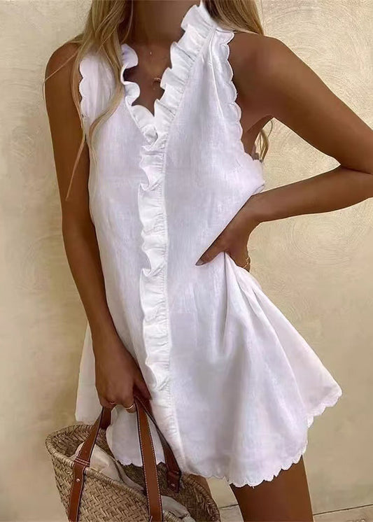 White Ruffled Cotton Mini Dresses Sleeveless