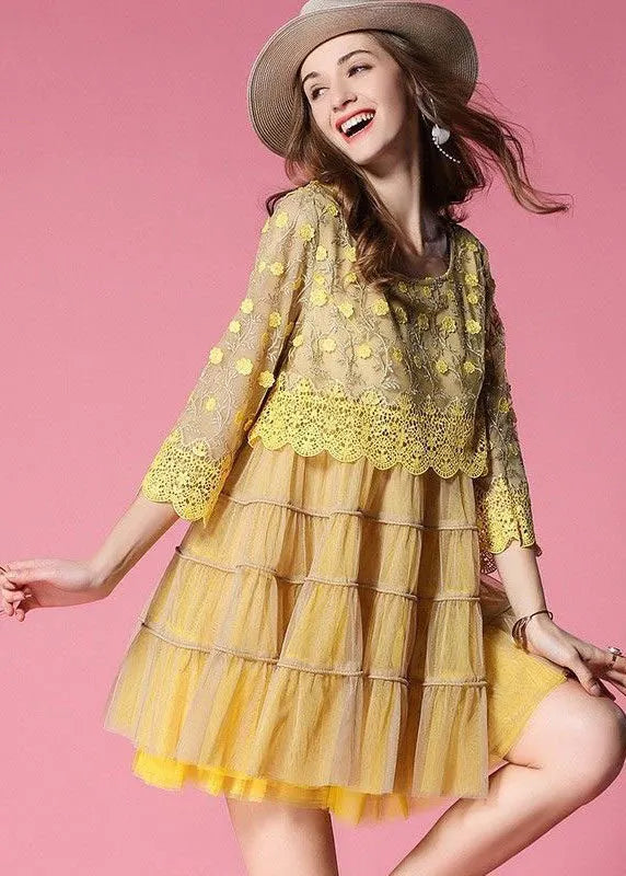 Yellow Embroideried Lace Patchwork Tulle Dress Bracelet Sleeve