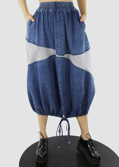Blue White Elastic Waist Drawstring Patchwork Denim Skirt