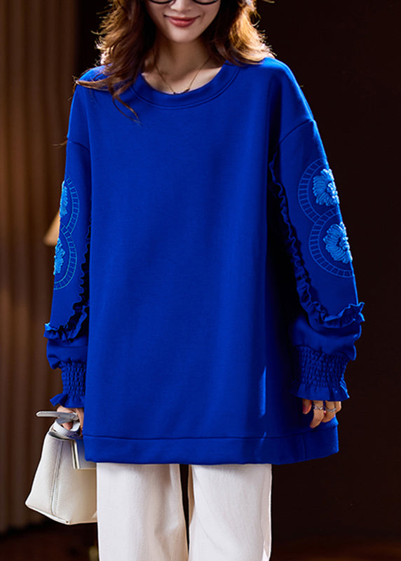 Blue Ruffled Patchwork Embroidered Warm Fleece Sweatshirt Spring