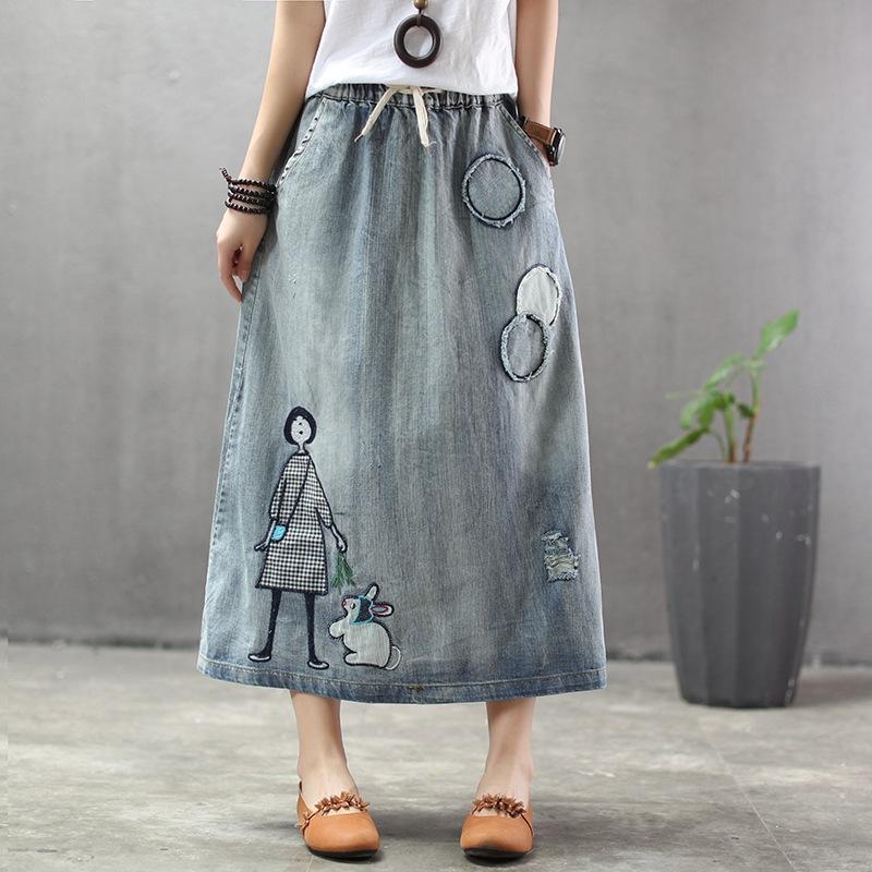 Cozy Thin Cartoon Embroidered Patch Swing Denim Skirt