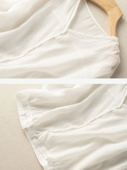 Pure Color V Neck 3/4 Sleeve Linen Shirt Top