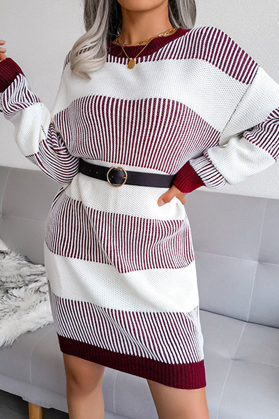 Striped Split Joint Contrast O Neck Dresses Sweater (without Belt)