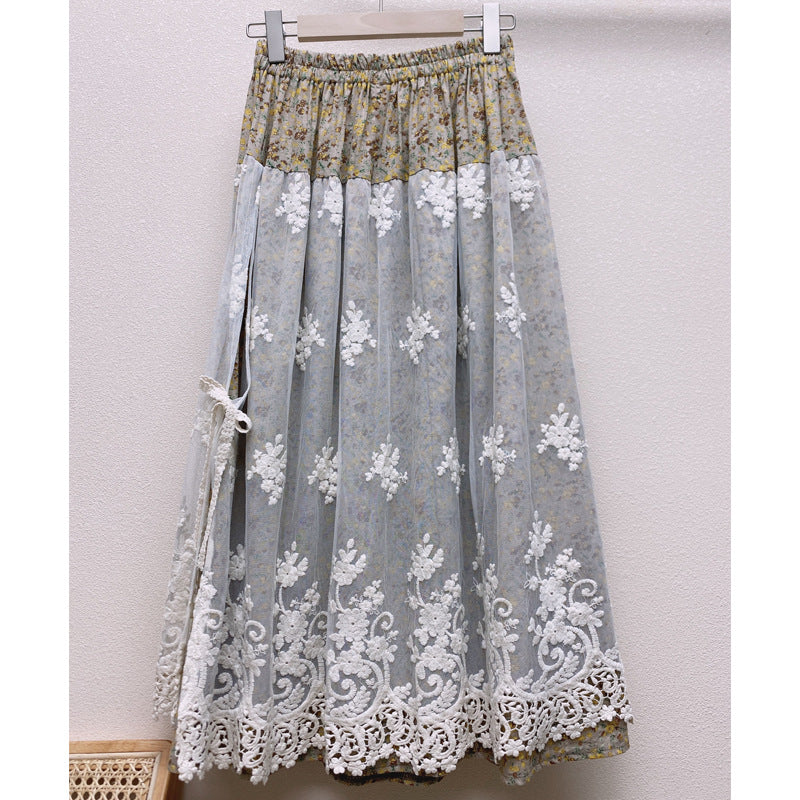 Cozy Linen Retro Embroidery Lace Mesh Skirt