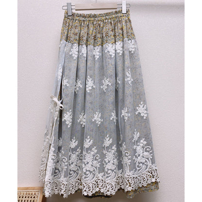 Cozy Linen Retro Embroidery Lace Mesh Skirt