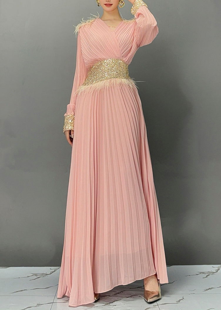 Pink Wrinkled Tunic Holiday Maxi Dress Fall