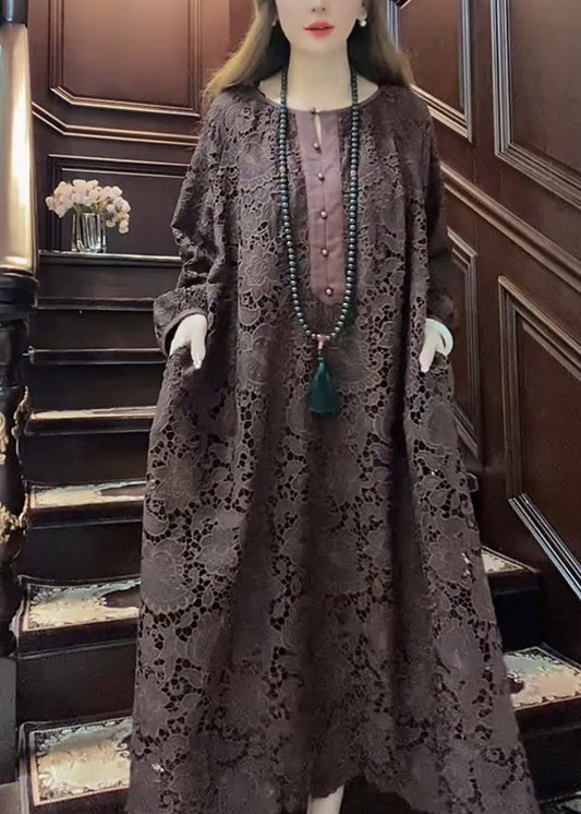 Coffee O-neck Hollow Out Lace Maxi Dress Long Sleeve
