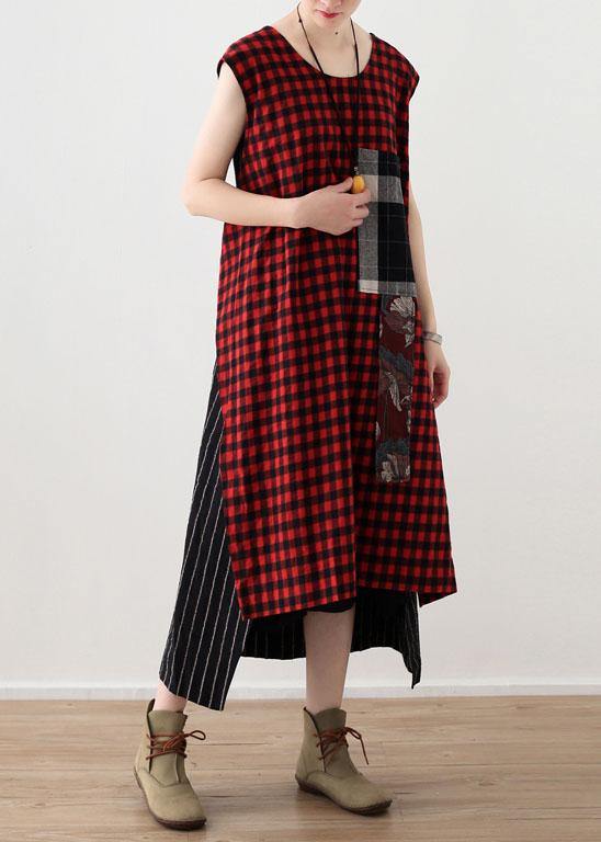 Art Red Plaid Cotton Linen Asymmetrical Design Patchwork Party Dresses