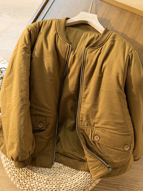 100% Natural Fabric Zipper Round Neck Long Sleeve Coat
