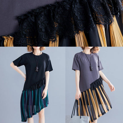 O Neck Patchwork Quilting Clothes Blue Striped Dresses Summer