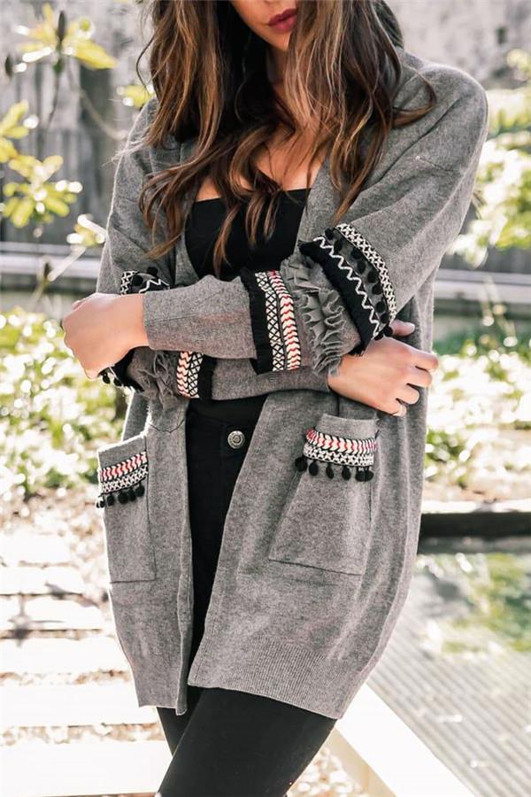 Cording Knitted Cardigan - Gray