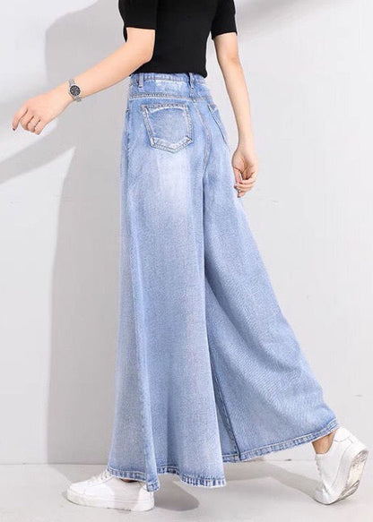 Light Blue High Waist Pockets Cotton Flare Pants Skirt Summer