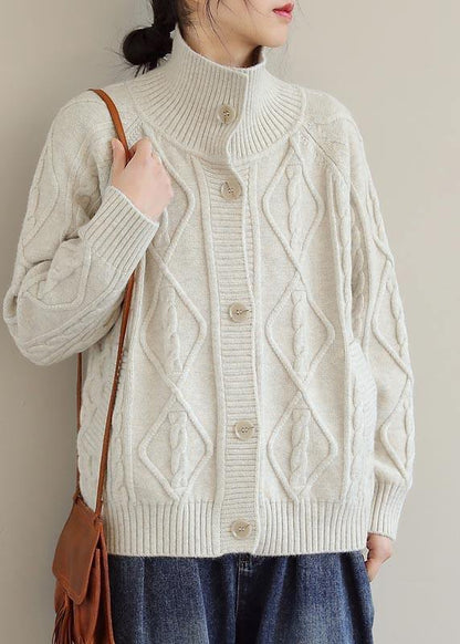 Cozy Beige Sweaters Stand Collar Pockets Knit Sweat Tops