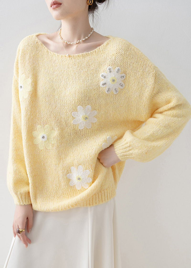 Fine Yellow Oversized Rhinestone Knit Sweaters Winter