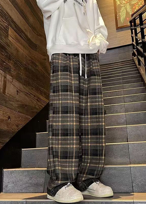 French Red Plaid Elastic Waist Warm Fleece Pants Winter