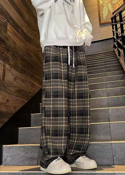 French Red Plaid Elastic Waist Warm Fleece Pants Winter