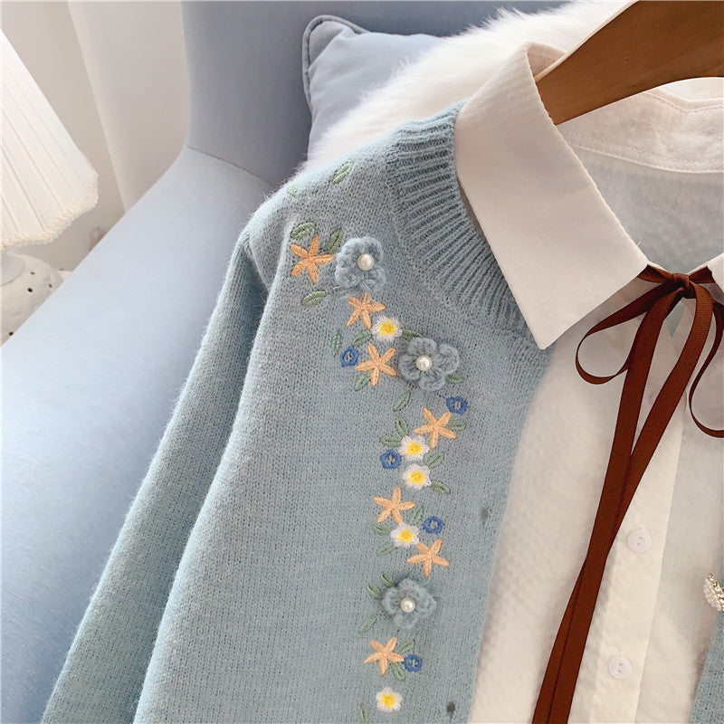 Gentle Fengsen Department Hand Embroidered Flower Sweater Coat 5053