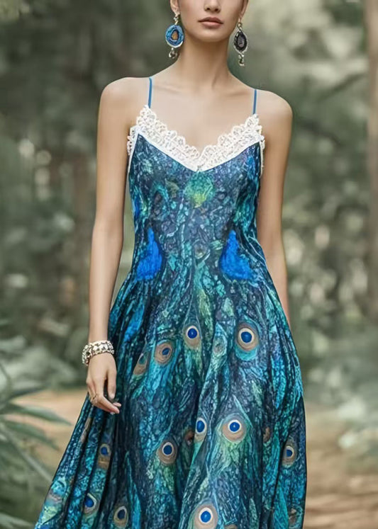 Peacock Blue Print Exra Large Hem Chiffon Holiday Dress Summer