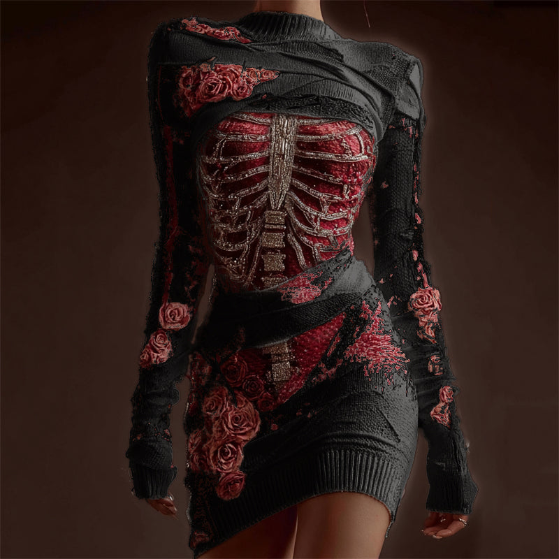 Comstylish Classy Skeleton Anatomy Bloody Roses Bandages Knit Sweater Dress